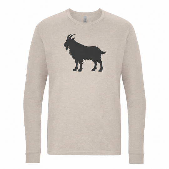 Heather stone long sleeve tee with a black mountain goat silhouette