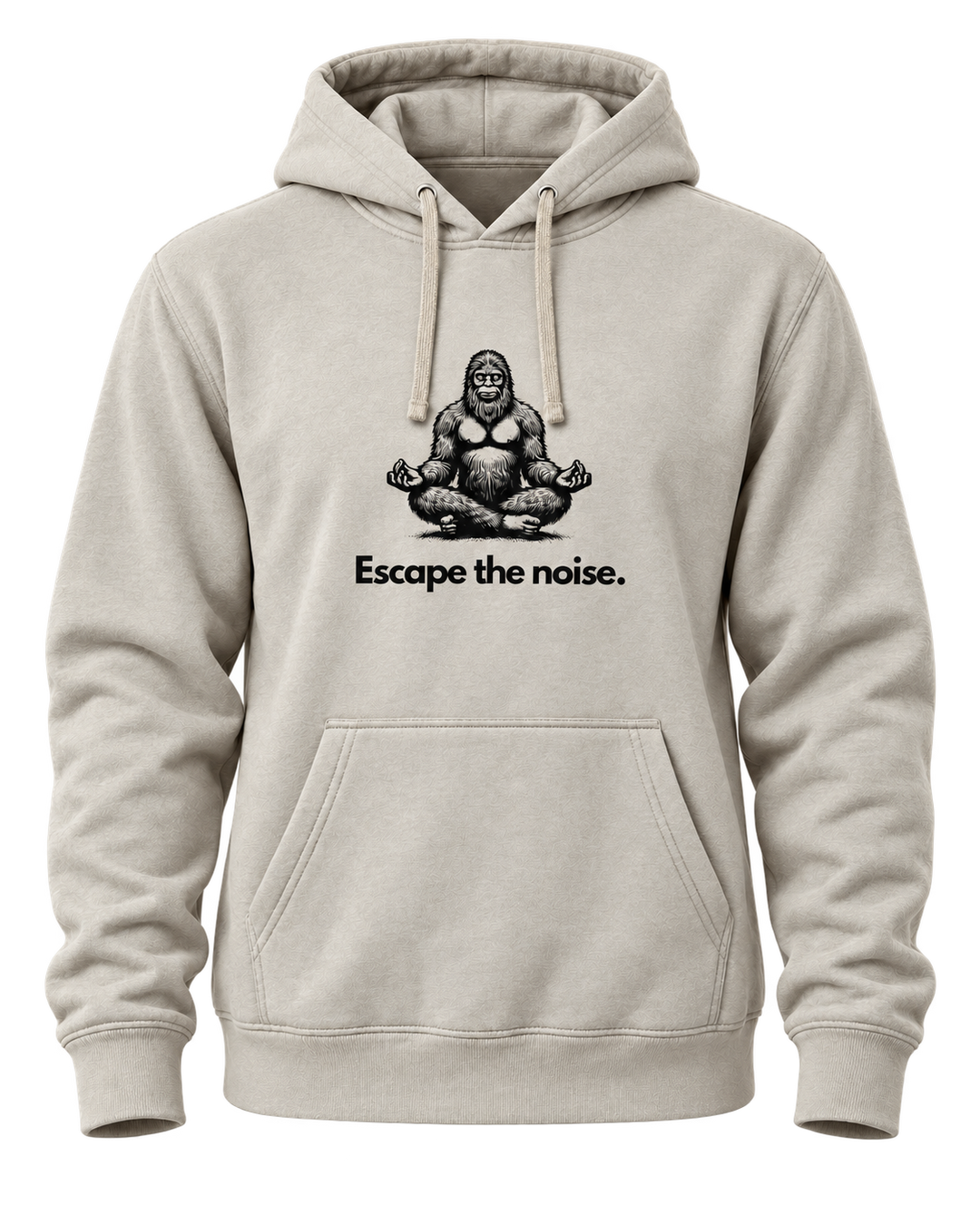 Heather sand pullover hoodie with a meditating Bigfoot graphic above the words Escape the noise.