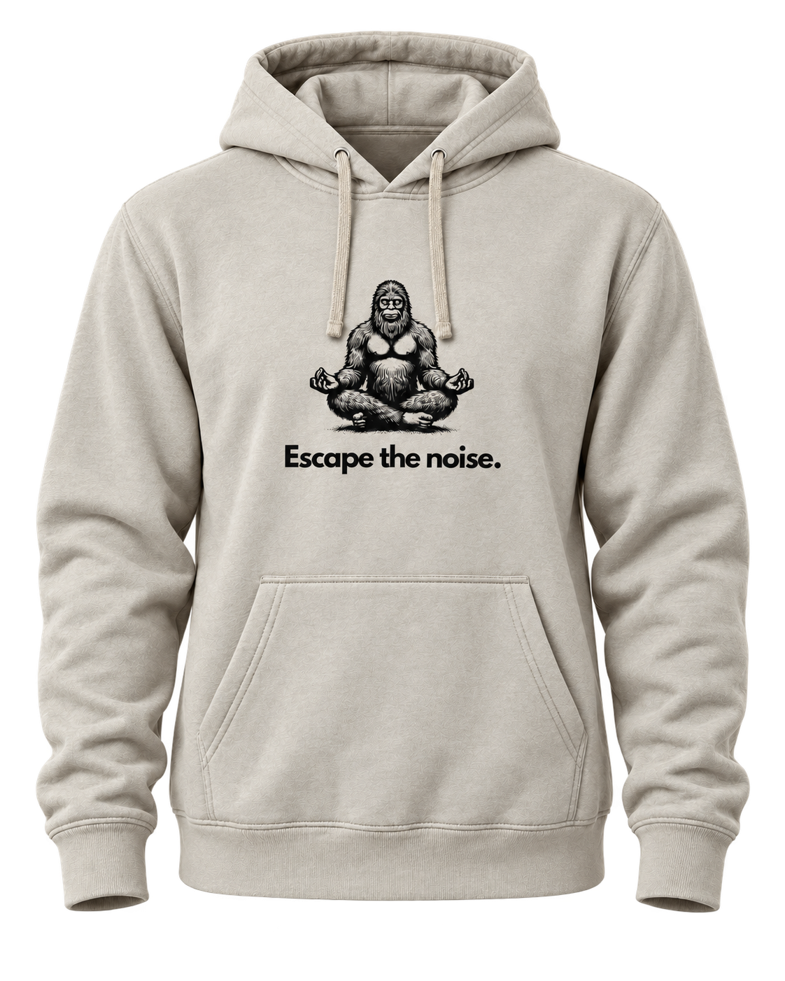 Heather sand pullover hoodie with a meditating Bigfoot graphic above the words Escape the noise.