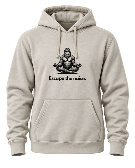 Heather sand pullover hoodie with a meditating Bigfoot graphic above the words Escape the noise.