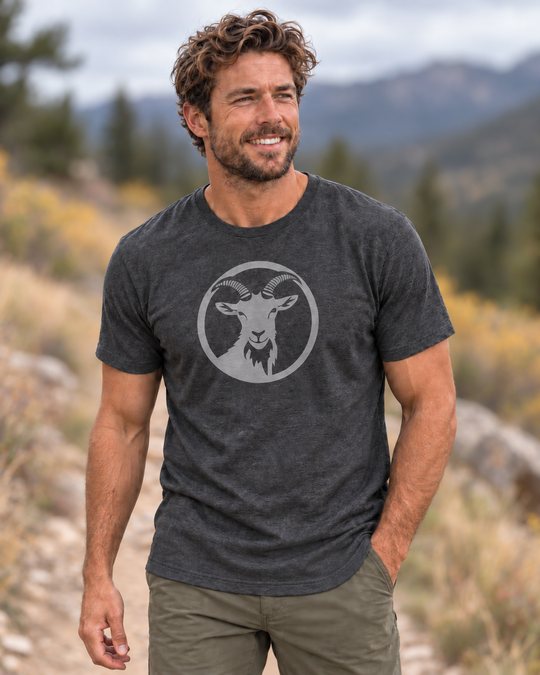 Handsome outdoors man wearing charcoal goat energy shirt