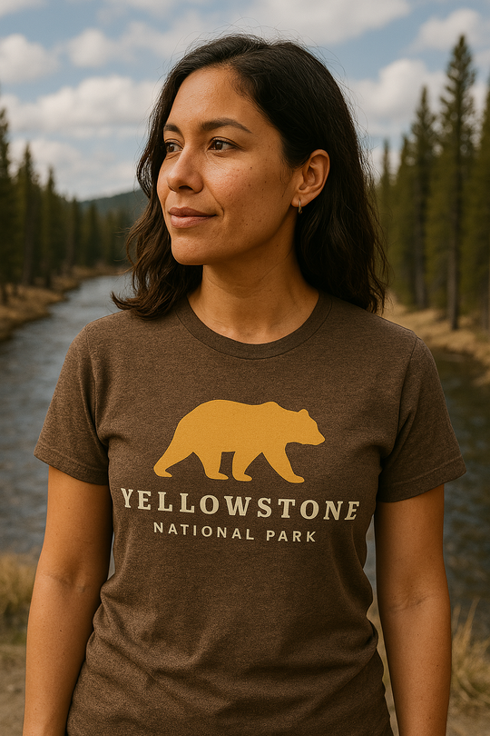Woman wearing the Yellowstone National Park t-shirt in a forested river setting, featuring a golden bear graphic on a heather brown shirt.