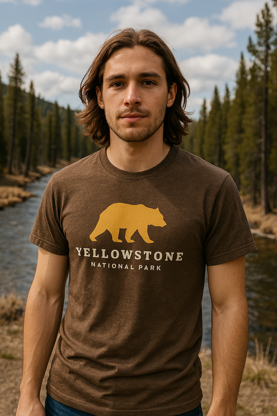 man wearing the Yellowstone National Park t-shirt in a forested river setting, featuring a golden bear graphic on a heather brown shirt.