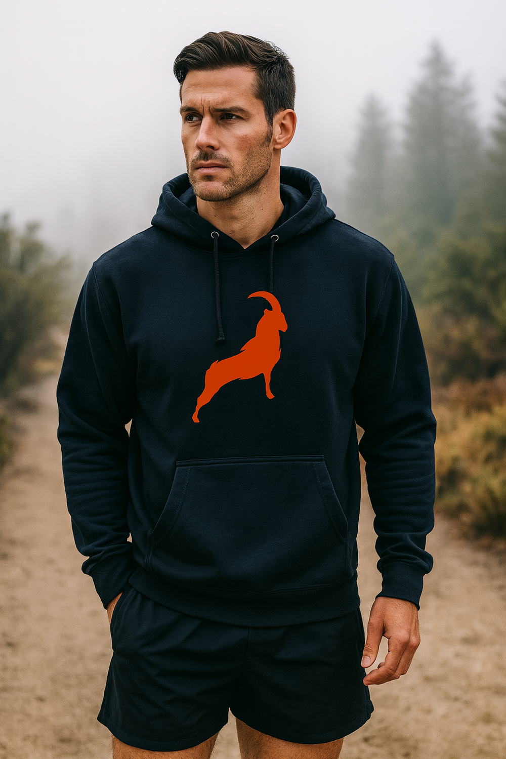 Man in a black hoodie with a burnt orange leaping mountain goat graphic, on a foggy forest trail