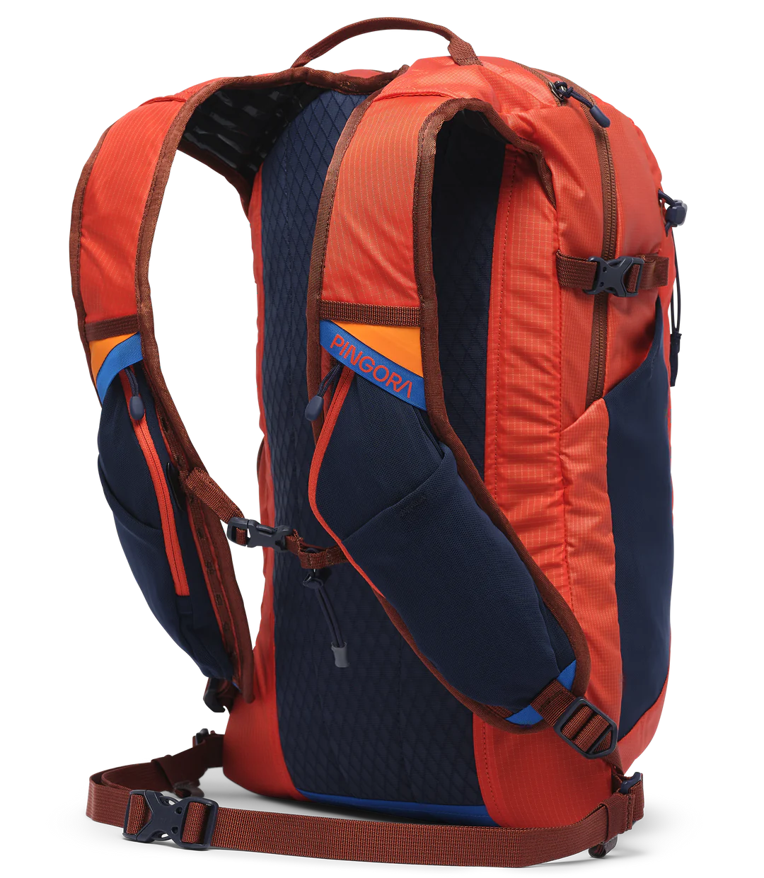 Red and Navy blue Timpanogos x Pingora technical backpack with neon yellow accents and padded shoulder straps, designed for alpine trekking, backcountry performance, and all-day trail comfort.