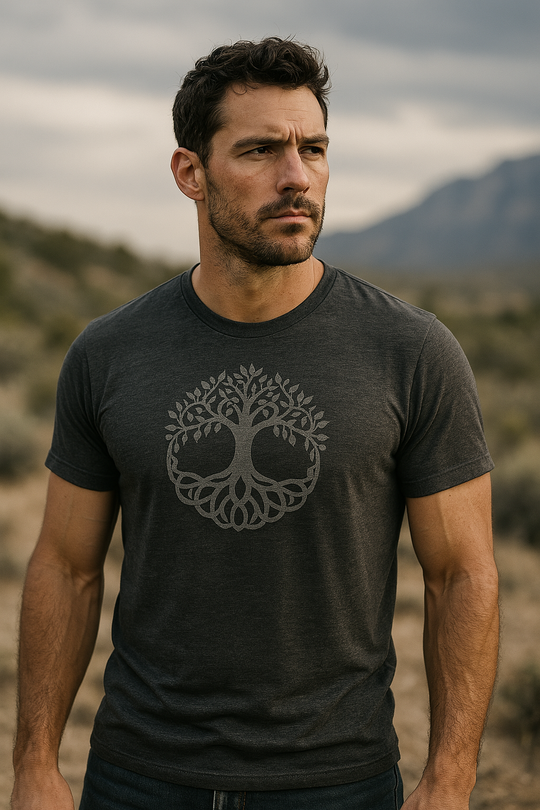 This photo features a man standing confidently in a rugged outdoor setting, wearing a charcoal gray t-shirt with a subtle, tonal Tree of Life design. The design is symmetrical and rooted, symbolizing strength, growth, and connection to nature—perfect for a brand emphasizing resilience and outdoor spirit.