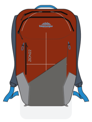 Red and gray backpack with blue accents on a white background
