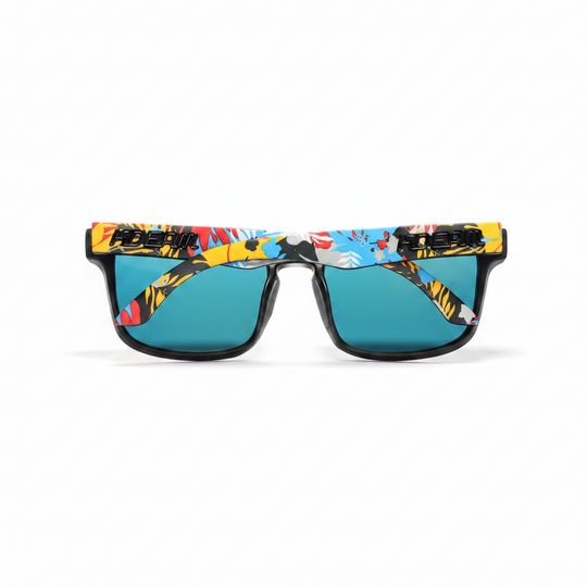 A pair of square sunglasses with a colorful, patterned acetate frame and blue mirrored lenses, shown against a plain white background.