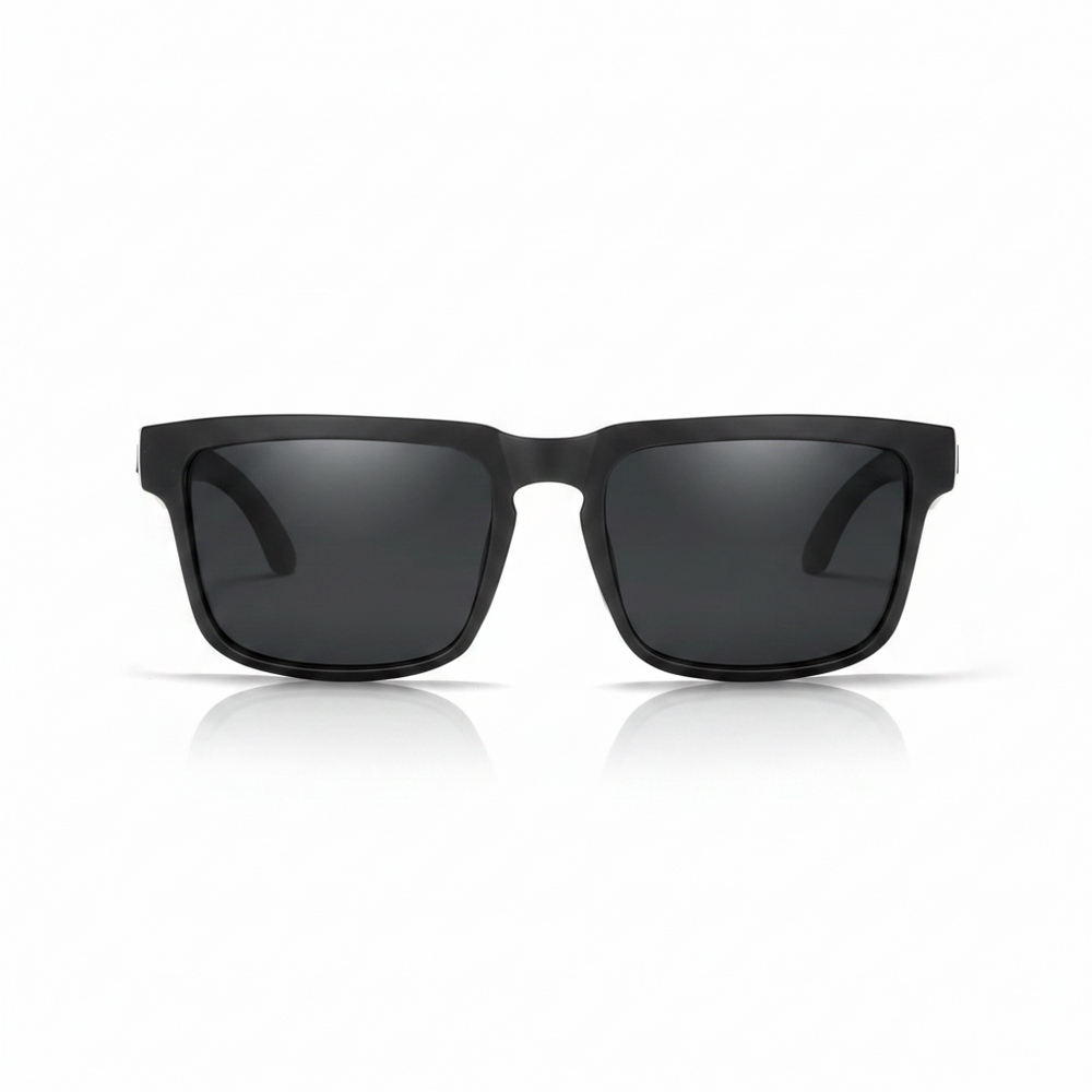 Matte black square sunglasses with dark gray lenses, shown from the front on a white background.