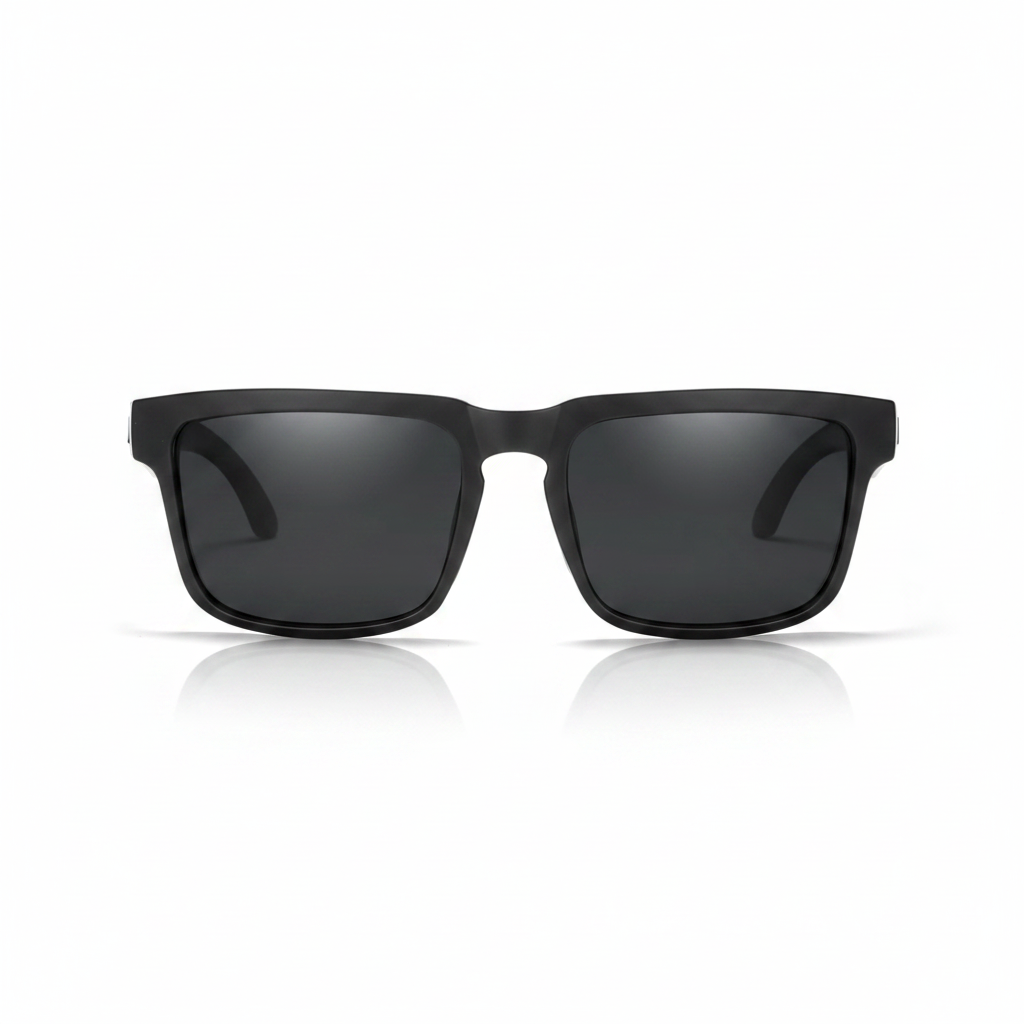 Matte black square sunglasses with dark gray lenses, shown from the front on a white background.