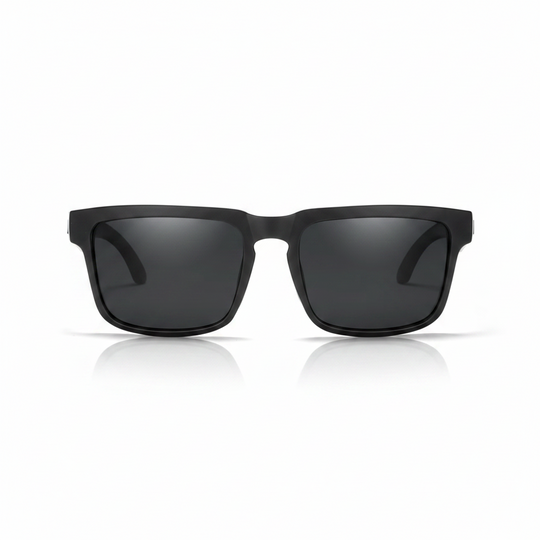 Matte black square sunglasses with dark gray lenses, shown from the front on a white background.