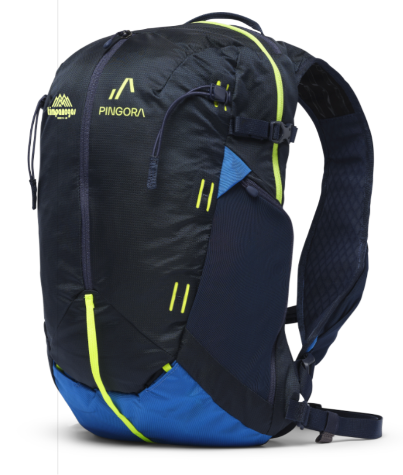 Timpanogos X Pingora backpack in dark blue with neon yellow and blue accents, featuring adjustable straps and side compression, designed for outdoor adventurers