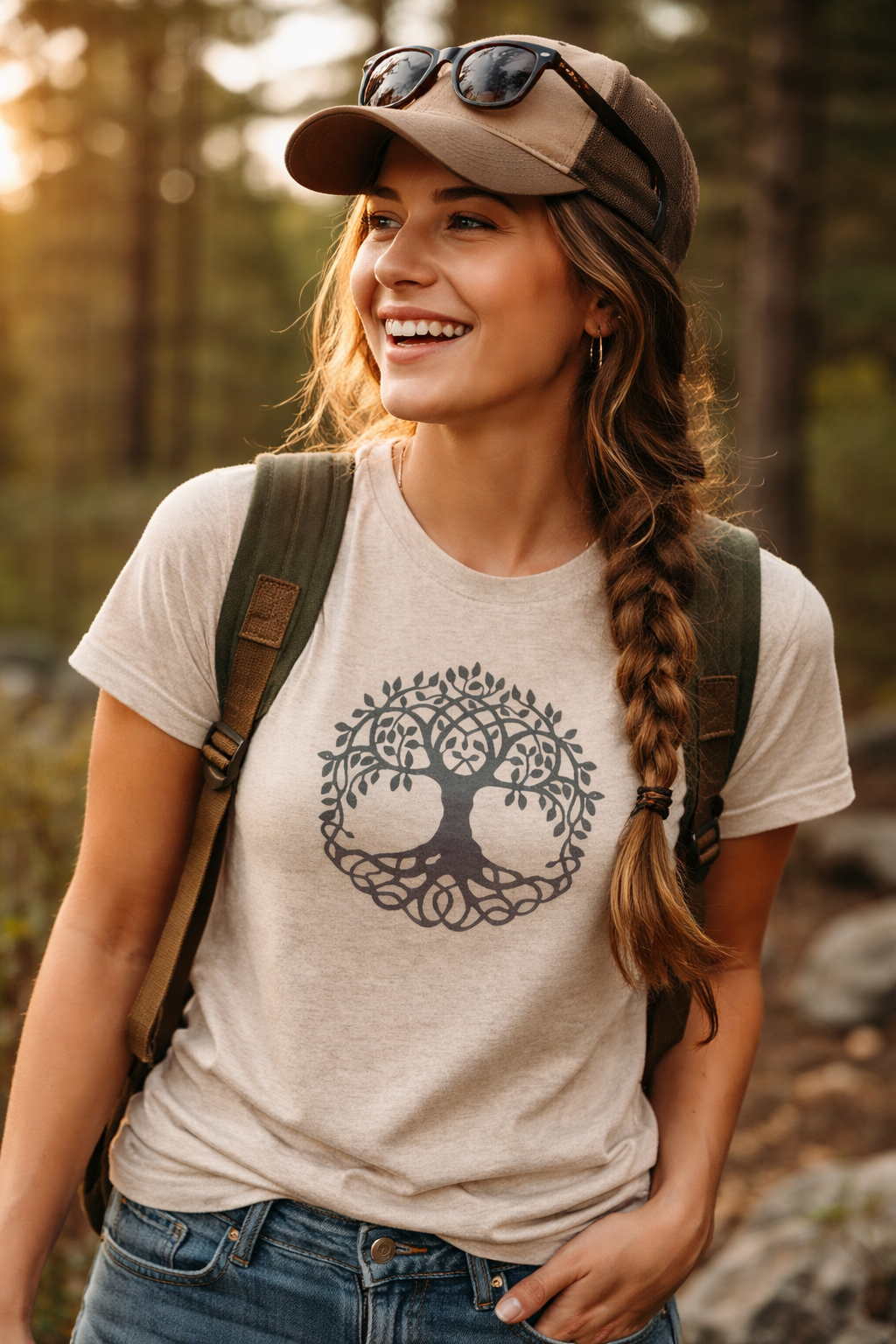 Woman in a forest wearing a t-shirt with a tree design, a cap, and sunglasses on top of her head.