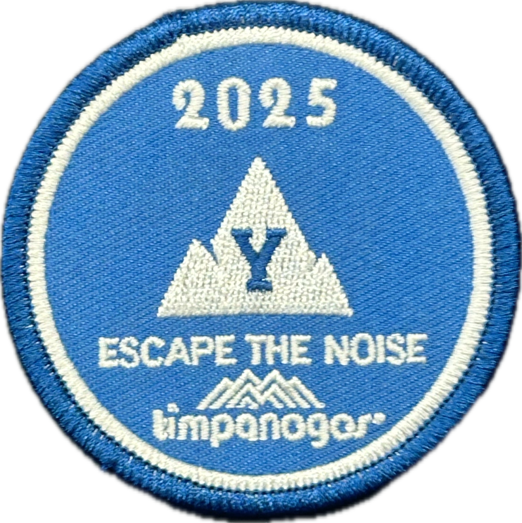 2025 Timpanogos “Y Mountain” patch in bright blue with white embroidery. Features a mountain silhouette with a large “Y” in the center, the phrase “Escape the Noise,” and the Timpanogos Hiking Co. logo below.