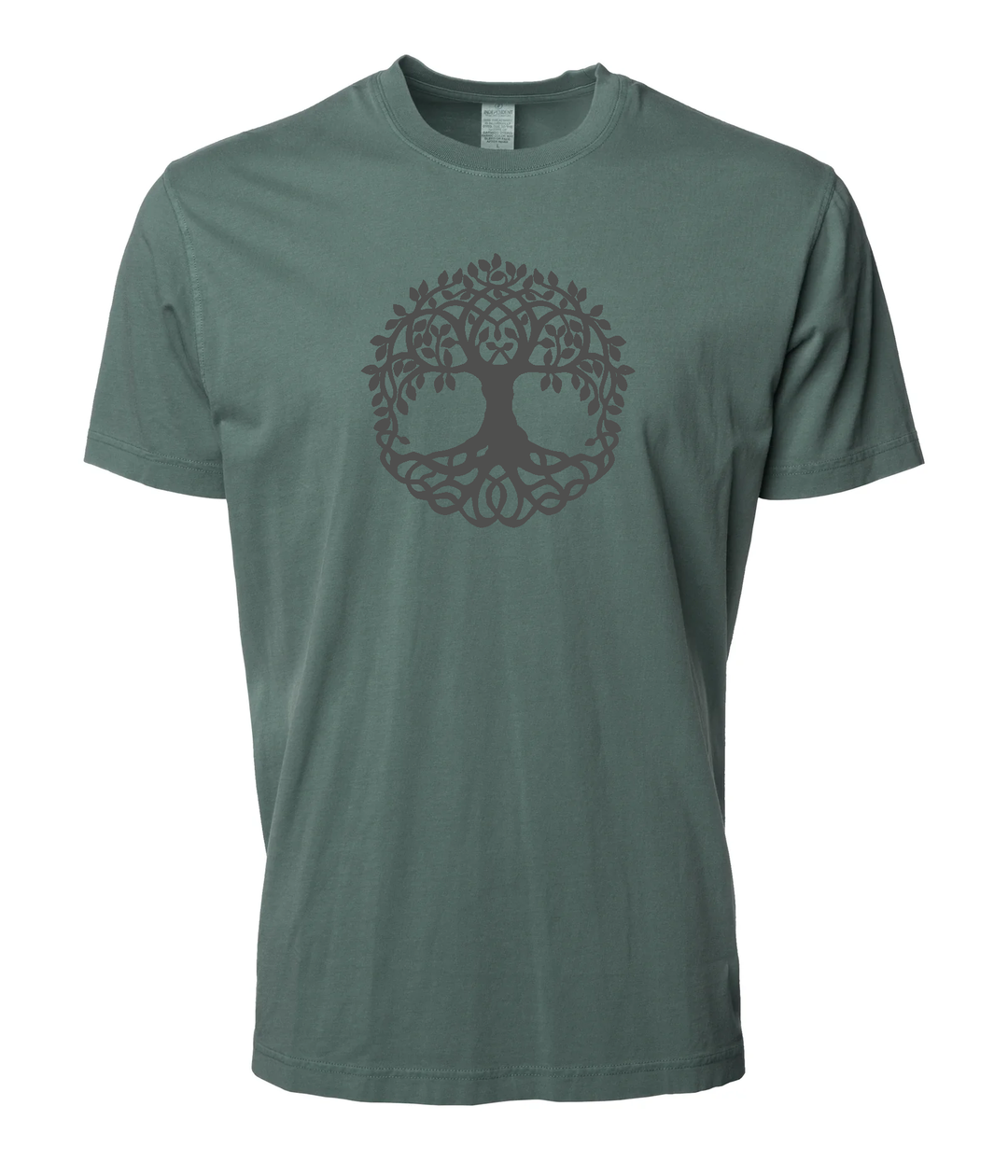 Sage green Tree of Life graphic tee from Timpanogos Hiking Co., unisex outdoor lifestyle shirt inspired by nature, hiking, and rugged Utah terrain.