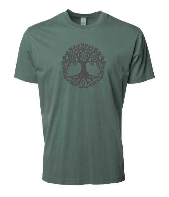 Sage green Tree of Life graphic tee from Timpanogos Hiking Co., unisex outdoor lifestyle shirt inspired by nature, hiking, and rugged Utah terrain.
