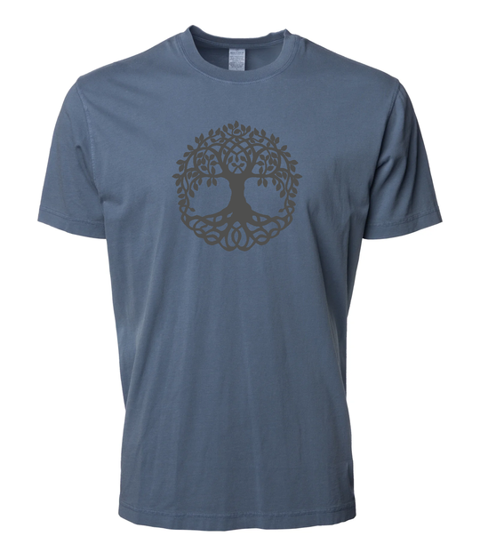 Heather blue unisex t-shirt featuring a minimalist Tree of Life graphic, outdoor lifestyle apparel by Timpanogos Hiking Co., inspired by nature and Utah mountain culture.