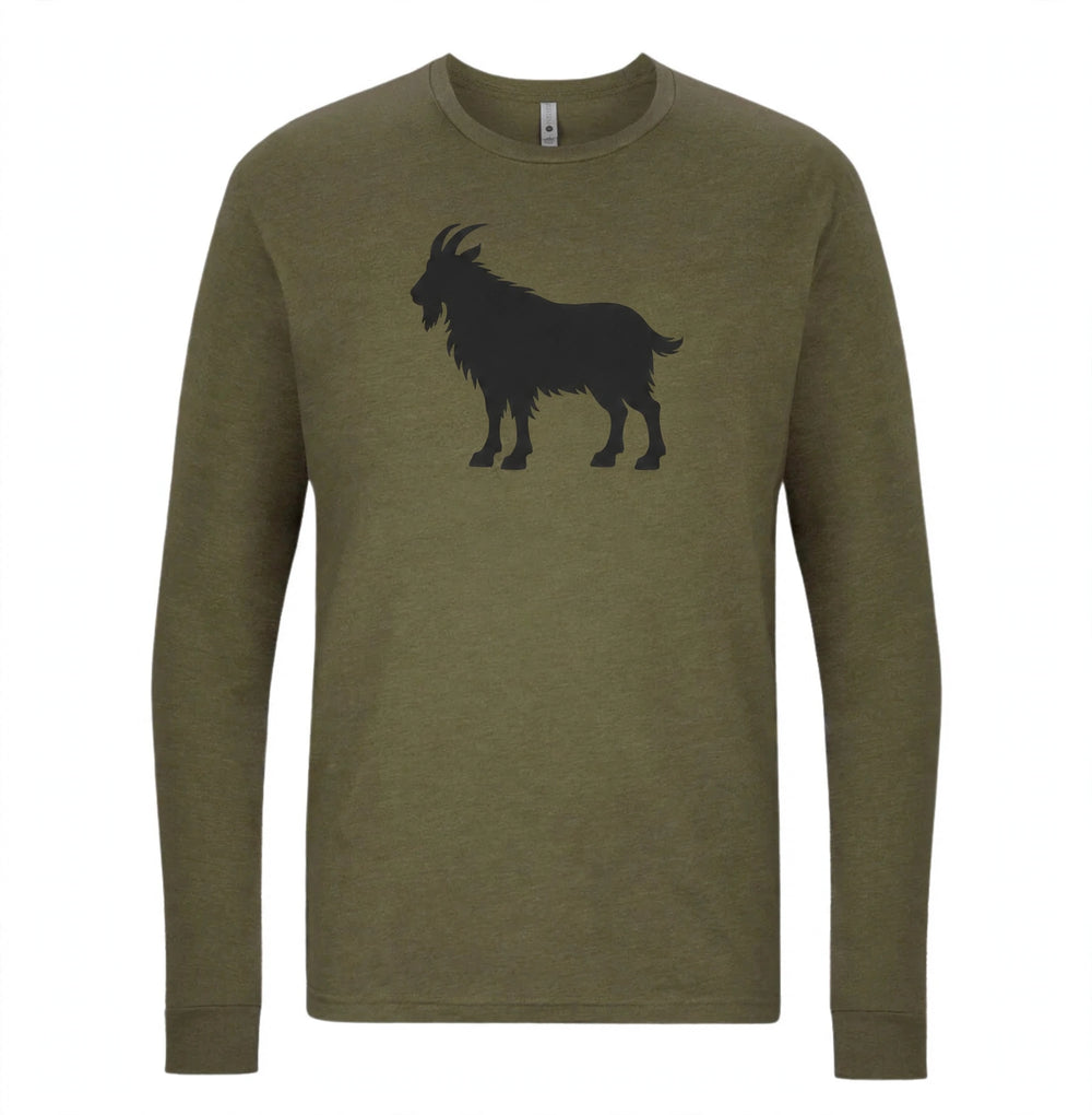 Heather olive long sleeve tee with a black mountain goat silhouette