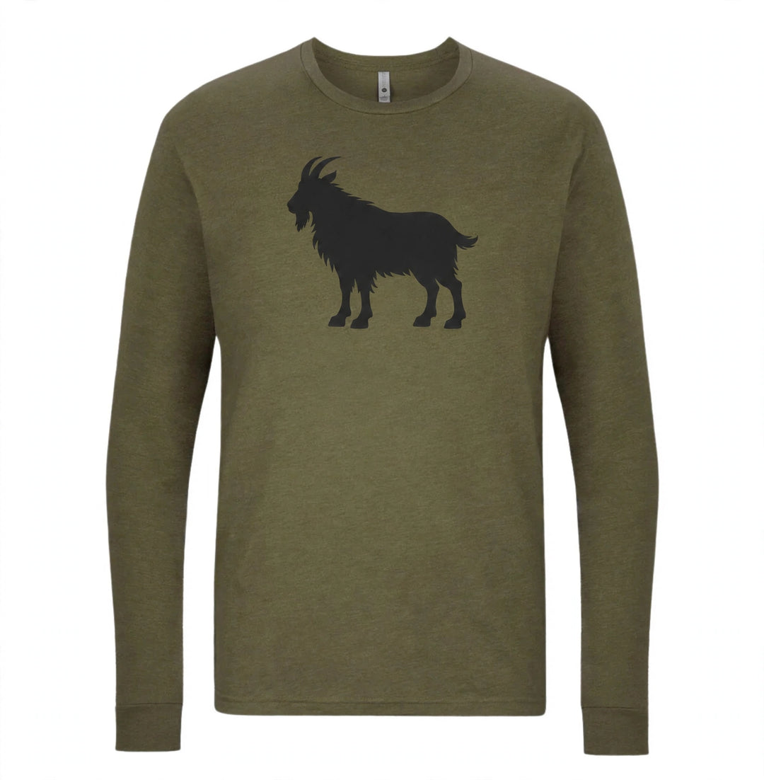 Heather olive long sleeve tee with a black mountain goat silhouette