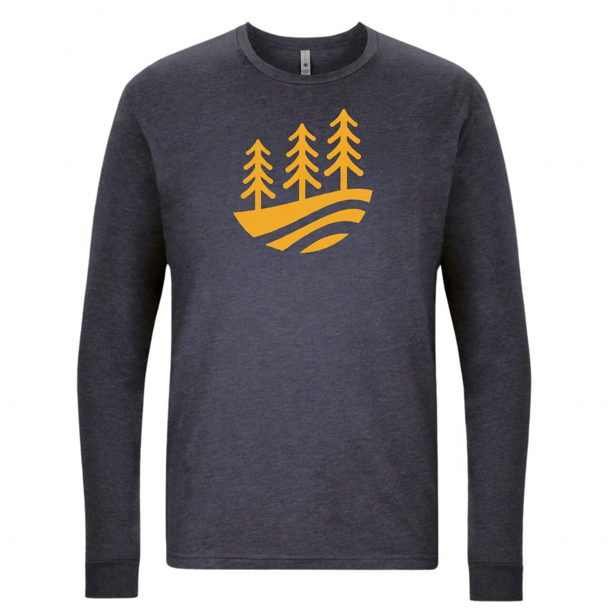 Charcoal long sleeve tee with a gold graphic of pine trees above rolling hills