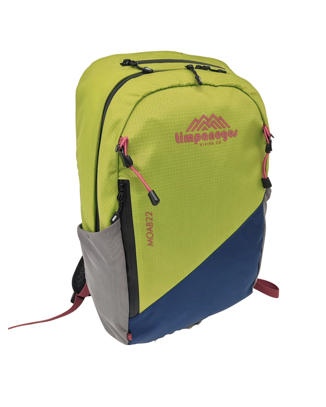 Green and blue backpack with a brand logo on a white background